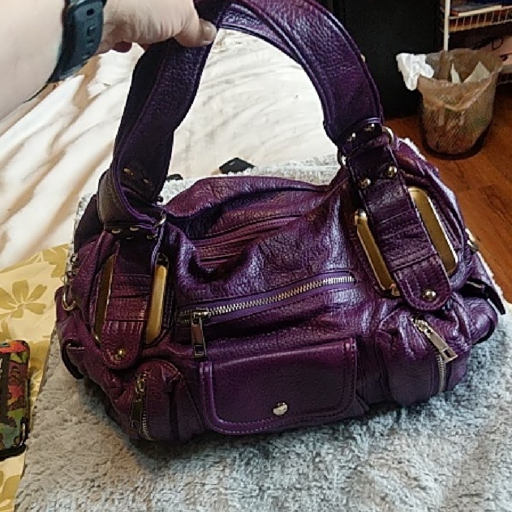 Purple Leather Shoulder Bag with Brass Accents